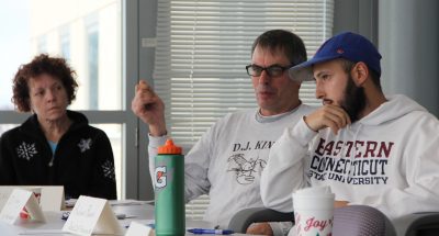 D.J. King, center, and A.J. Bonetti were among kelp farmers who participated in a meeting with state and federal regulators organized by CT Sea Grant. On the left is Shannon Kelly, environmental analyst for the state Bureau of Aquaculture.