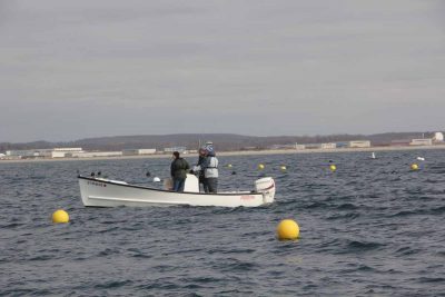 Regulators who are part of the Connecticut Aquaculture Permitting Workgroup tour J.P. Vellotti's site on March 28.