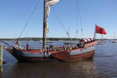 The Onrust approaches the dock at the Connecticut River Museum after taking a group of local youth for a sail.