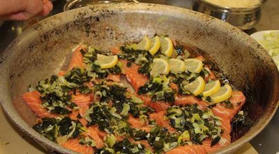 Salmon topped with kelp, leeks and grilled lemon was one of the dishes prepared by Trombetta.