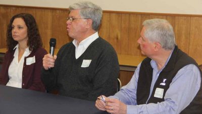 Jeff Jacobson of Nathan Jacobson & Associates answers a question from the audience. With him on the panel are Guilford Town Engineer Janice Plaziak and Steve Johnson, acting assistant public works director for Milford.