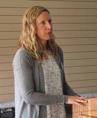 Tessa Getchis, aquaculture extension specialist for Sea Grant, tells commissioners about the Connecticut Shellfish Restoration Planning Project.