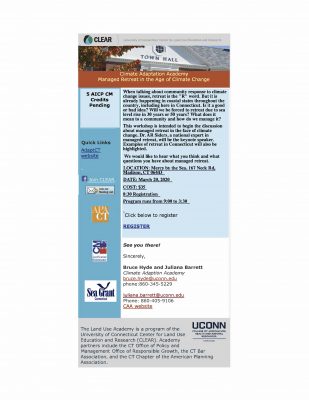 Flier for Climate Adaptation Academy Workshop titled "Managed Retreat in the Age of Climate Change"