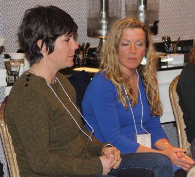 Suzie Flores, left, owner with her husband Jay of the Stonington Kelp Co.in Connecticut, and Karen Gray, right, California reef manager and policy & planning specialist with Greenwave, listen during one of the work group sessions.