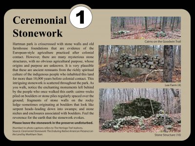 Sign about ceremonial cairns at Hartman Park.