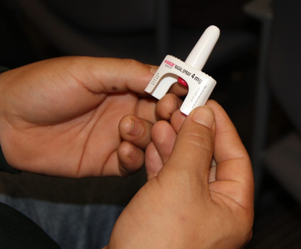 A container of NARCAN was passed around during a classroom session about how to use the opioid reversal drug.