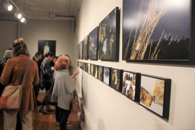 Opening night attendees view some of Elizabeth Ellenwoods photos.