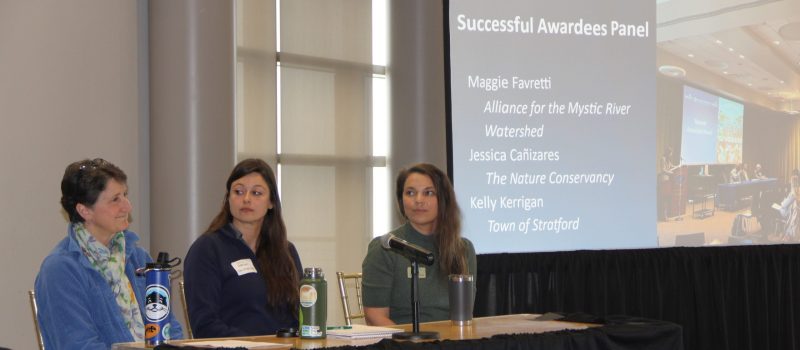 Maggie Favretti of the Alliance for the Mystic River Watershed, left, Kelly Kerrigan of the town of Stratford, center, and Jessica Canizares of The Nature Conservancy, answer questions about their grant funding successes during a Sustainable & Resilient Communities Program funding workshop in New Haven on March 31 attended by about 45 people.
